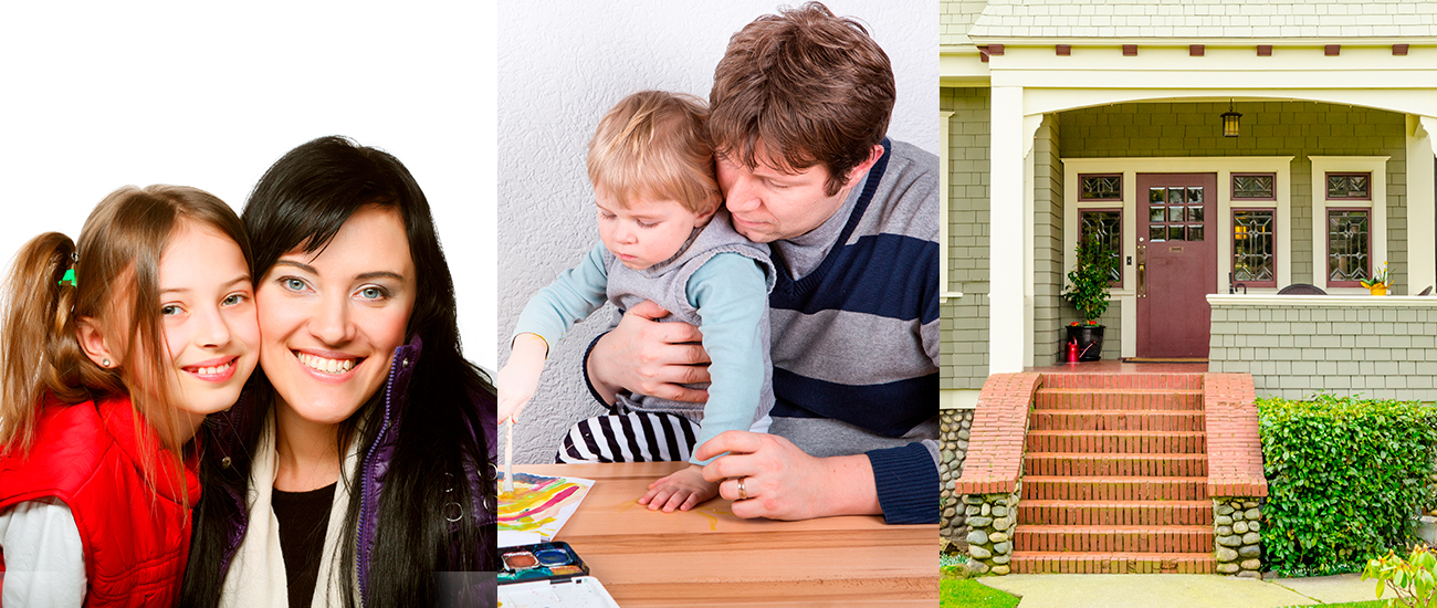 A collage of three images: a smiling woman and girl, a father comforting his child, and the entrance of a cozy suburban house.
